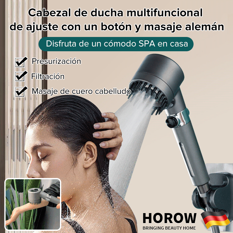 🚿Cabezal de ducha multifuncional de ajuste con un botón y masaje alemán