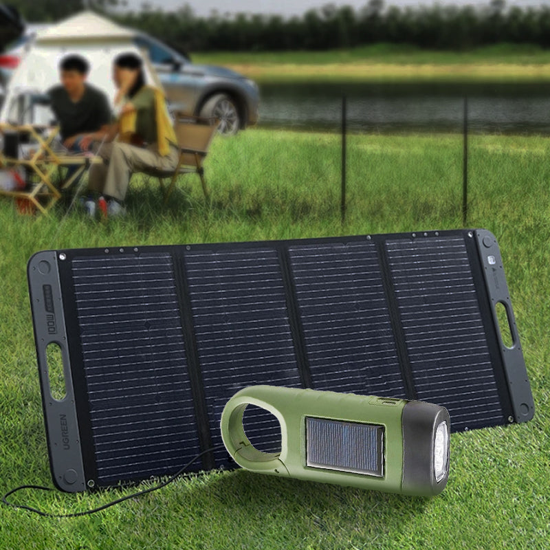 Lámpara de emergencia para exteriores (manivela + solar + carga USB)