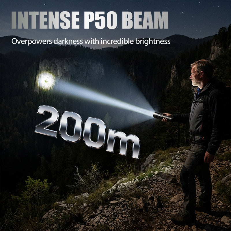 Linterna LED recargable P50 con zoom ajustabl