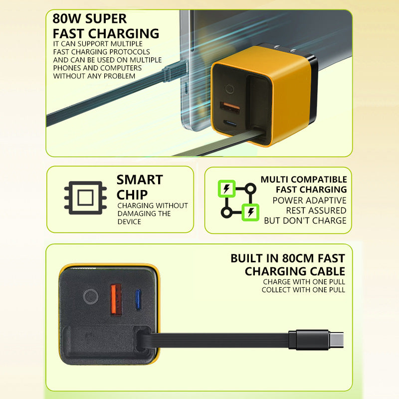 65W cargador de pared de carga rápida para móvil, con cable USB-C retráctil de 80 cm