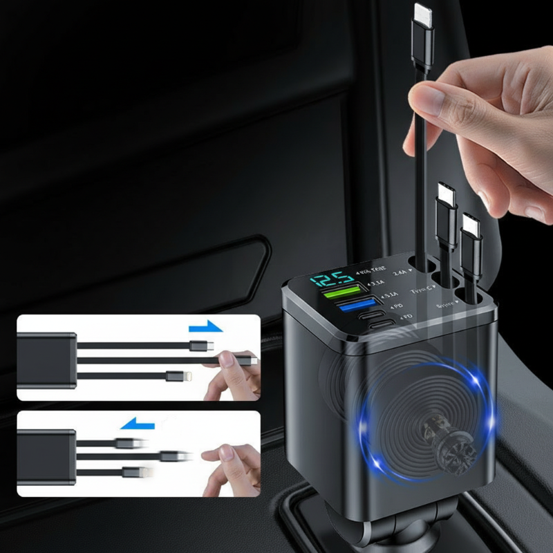 ⏳¡Oferta limitada 50% descuento!⏰Cargador de coche rápido retráctil 7 en 1 con pantalla de voltaje – USB-C para Android y Lightning para Apple🔋📱