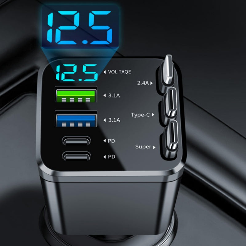⏳¡Oferta limitada 50% descuento!⏰Cargador de coche rápido retráctil 7 en 1 con pantalla de voltaje – USB-C para Android y Lightning para Apple🔋📱