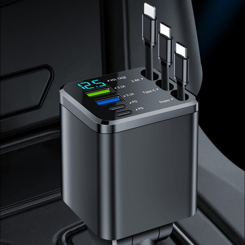 ⏳¡Oferta limitada 50% descuento!⏰Cargador de coche rápido retráctil 7 en 1 con pantalla de voltaje – USB-C para Android y Lightning para Apple🔋📱