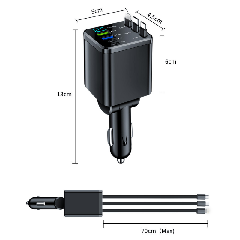 ⏳¡Oferta limitada 50% descuento!⏰Cargador de coche rápido retráctil 7 en 1 con pantalla de voltaje – USB-C para Android y Lightning para Apple🔋📱