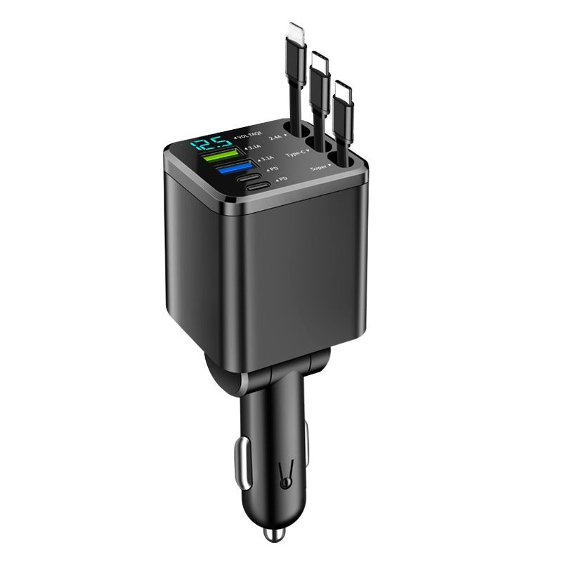 ⏳¡Oferta limitada 50% descuento!⏰Cargador de coche rápido retráctil 7 en 1 con pantalla de voltaje – USB-C para Android y Lightning para Apple🔋📱