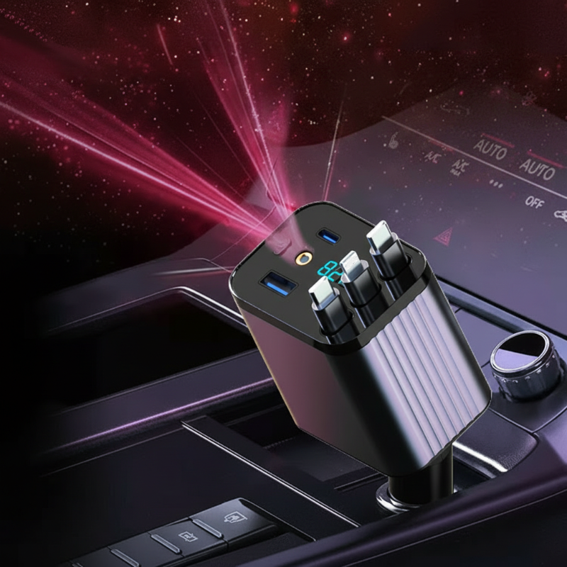 ⏳¡Oferta limitada 50% descuento!⏰Cargador de coche rápido retráctil 7 en 1 con pantalla de voltaje – USB-C para Android y Lightning para Apple🔋📱