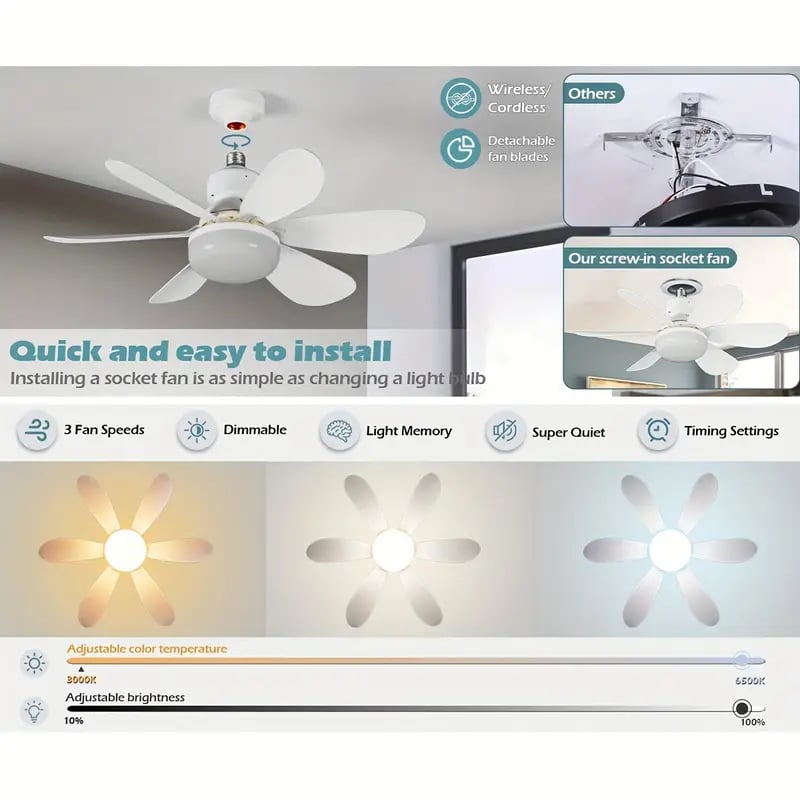 🔥Rebajas: 62% de descuento🎁 Ventilador de techo y lámpara 2 en 1 portátil con mando a distancia