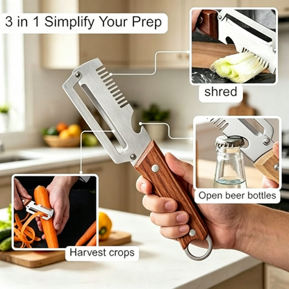 🥕 Pelador de verduras 3 en 1 con abrebotellas – Herramienta para julianas y rallado, cuchilla de acero inoxidable, mango con acabado madera – Utensilio imprescindible para preparar alimentos fácilmente