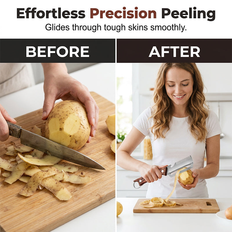 🥕 Pelador de verduras 3 en 1 con abrebotellas – Herramienta para julianas y rallado, cuchilla de acero inoxidable, mango con acabado madera – Utensilio imprescindible para preparar alimentos fácilmente