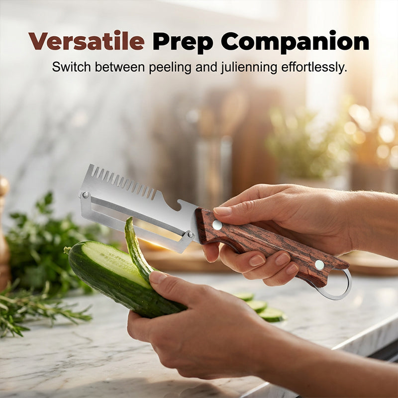 🥕 Pelador de verduras 3 en 1 con abrebotellas – Herramienta para julianas y rallado, cuchilla de acero inoxidable, mango con acabado madera – Utensilio imprescindible para preparar alimentos fácilmente