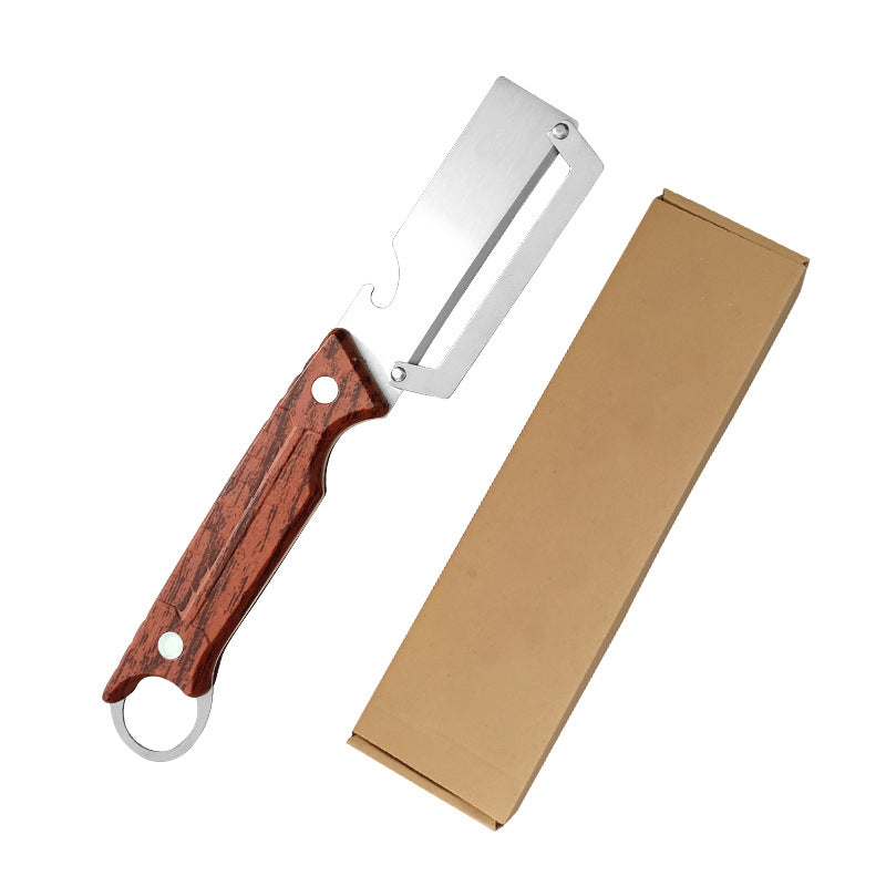 🥕 Pelador de verduras 3 en 1 con abrebotellas – Herramienta para julianas y rallado, cuchilla de acero inoxidable, mango con acabado madera – Utensilio imprescindible para preparar alimentos fácilmente