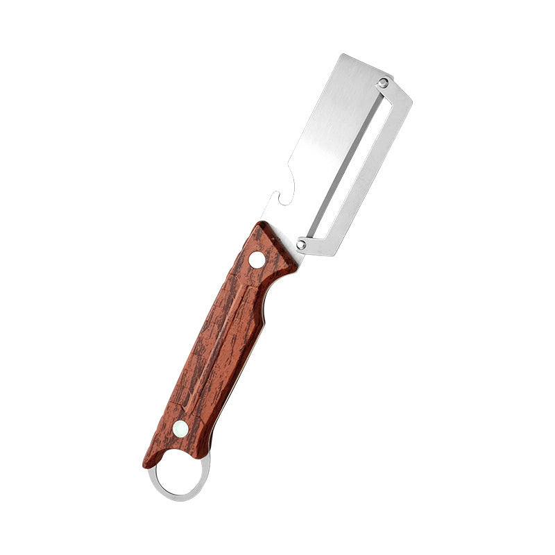 🥕 Pelador de verduras 3 en 1 con abrebotellas – Herramienta para julianas y rallado, cuchilla de acero inoxidable, mango con acabado madera – Utensilio imprescindible para preparar alimentos fácilmente