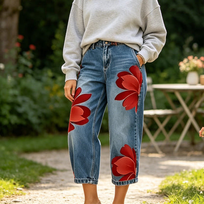 Artistic Flower Wide-Leg Jeans for Women
