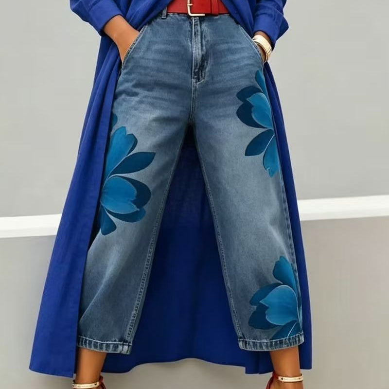 Artistic Flower Wide-Leg Jeans for Women
