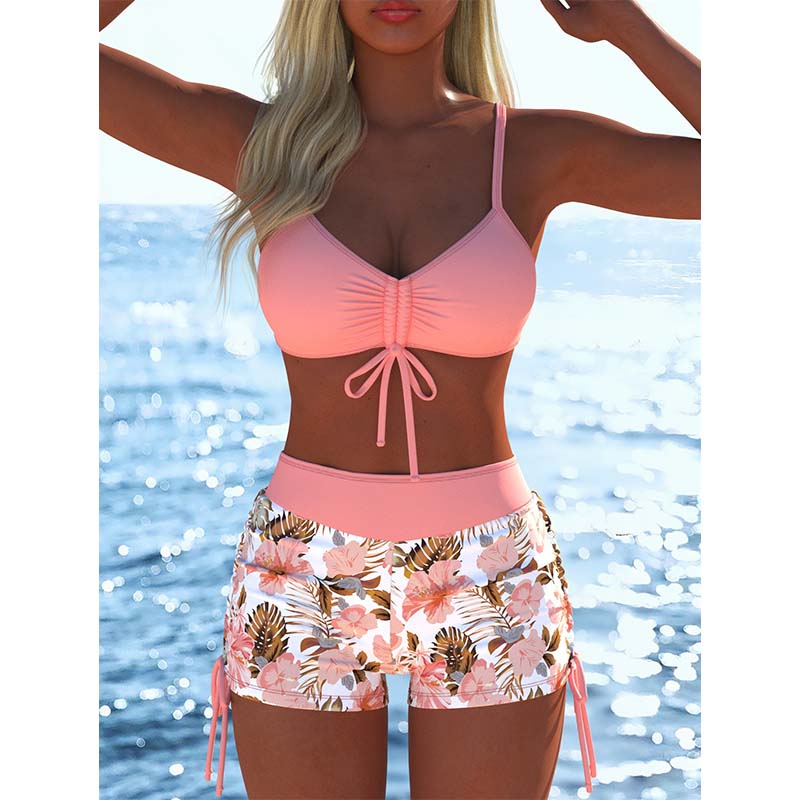 Conjunto de bikini con cordón ajustable y shorts tipo bóxer para mujer
