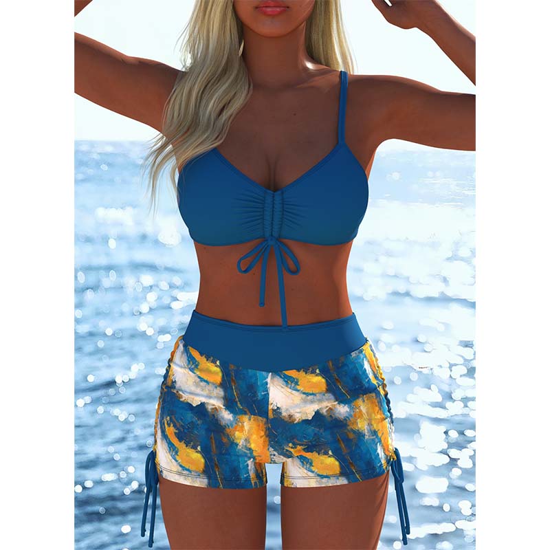 Conjunto de bikini con cordón ajustable y shorts tipo bóxer para mujer