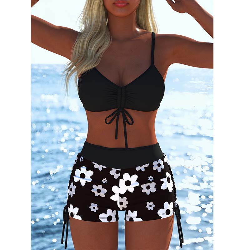 Conjunto de bikini con cordón ajustable y shorts tipo bóxer para mujer