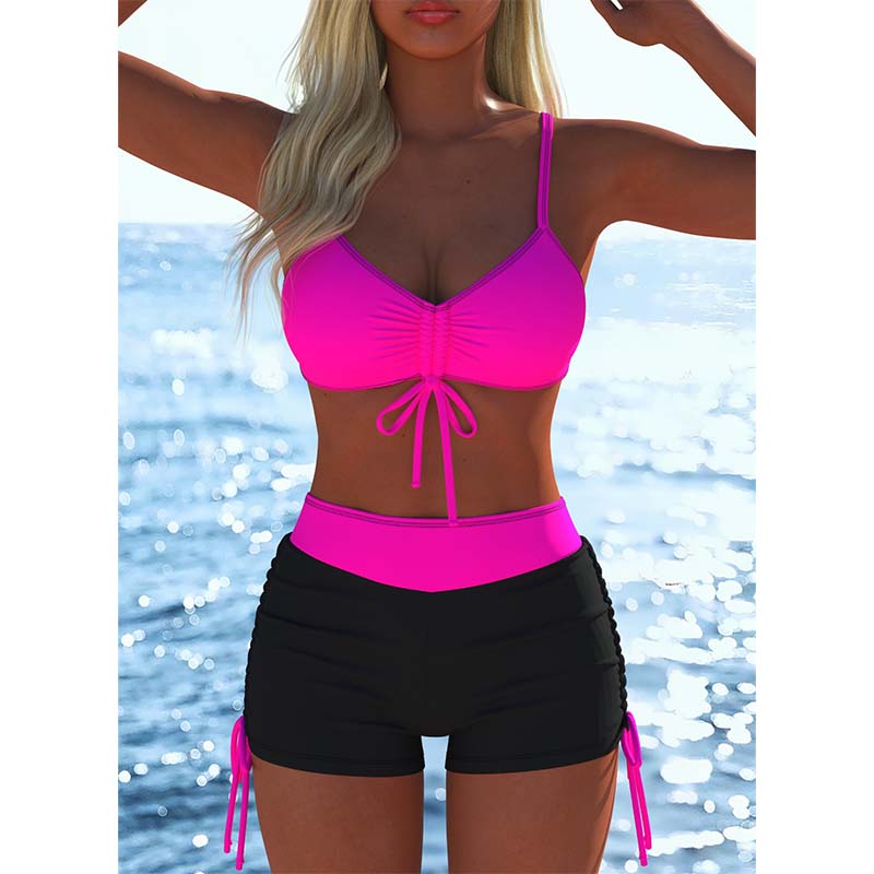 Conjunto de bikini con cordón ajustable y shorts tipo bóxer para mujer