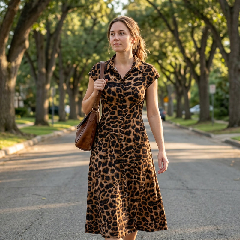 👗🐆 ¡50% DE DESCUENTO! Elegante vestido de mujer con estampado de leopardo y cuello solapa – Sofisticado, moldeador de figura, ideal para oficina, cenas y ocasiones especiales ✨