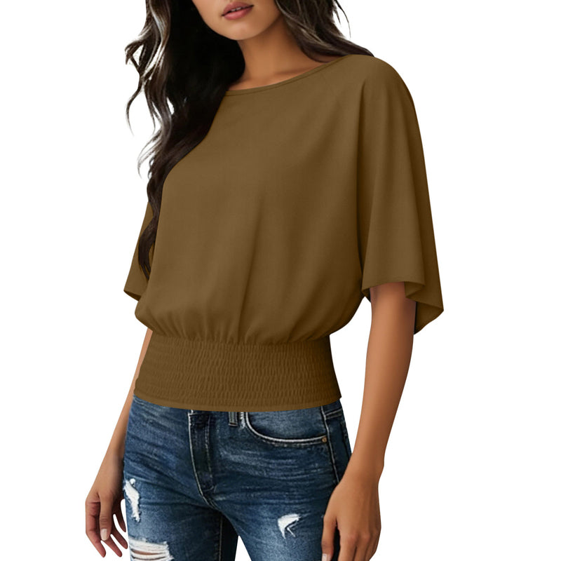 Blusa de manga dolman para mujer con cinturón fruncido