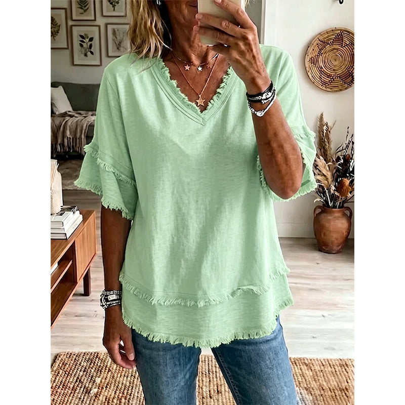 💖¡ÚLTIMO DÍA DE OFERTA !!💖 Camiseta boho de cuello en V para mujer con bordes desgastados 🌿 – Corte holgado, top veraniego transpirable de algodón suave 👚