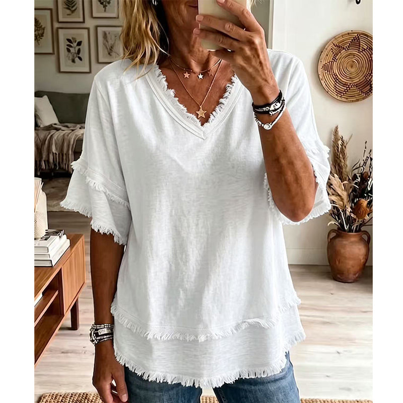 💖¡ÚLTIMO DÍA DE OFERTA !!💖 Camiseta boho de cuello en V para mujer con bordes desgastados 🌿 – Corte holgado, top veraniego transpirable de algodón suave 👚