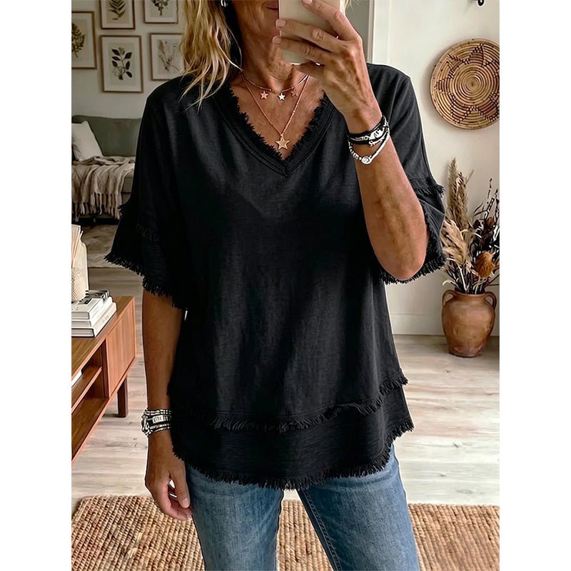💖¡ÚLTIMO DÍA DE OFERTA !!💖 Camiseta boho de cuello en V para mujer con bordes desgastados 🌿 – Corte holgado, top veraniego transpirable de algodón suave 👚