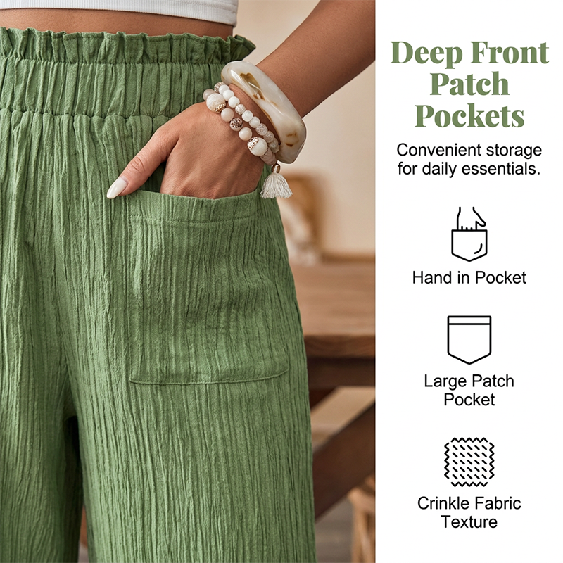 👖 ¡50% DE DESCUENTO AHORA!🌿 Pantalones casuales unisólidos para mujer, corte holgado – tiro alto, pierna ancha y textura arrugada – Pantalones cómodos para descanso ✨