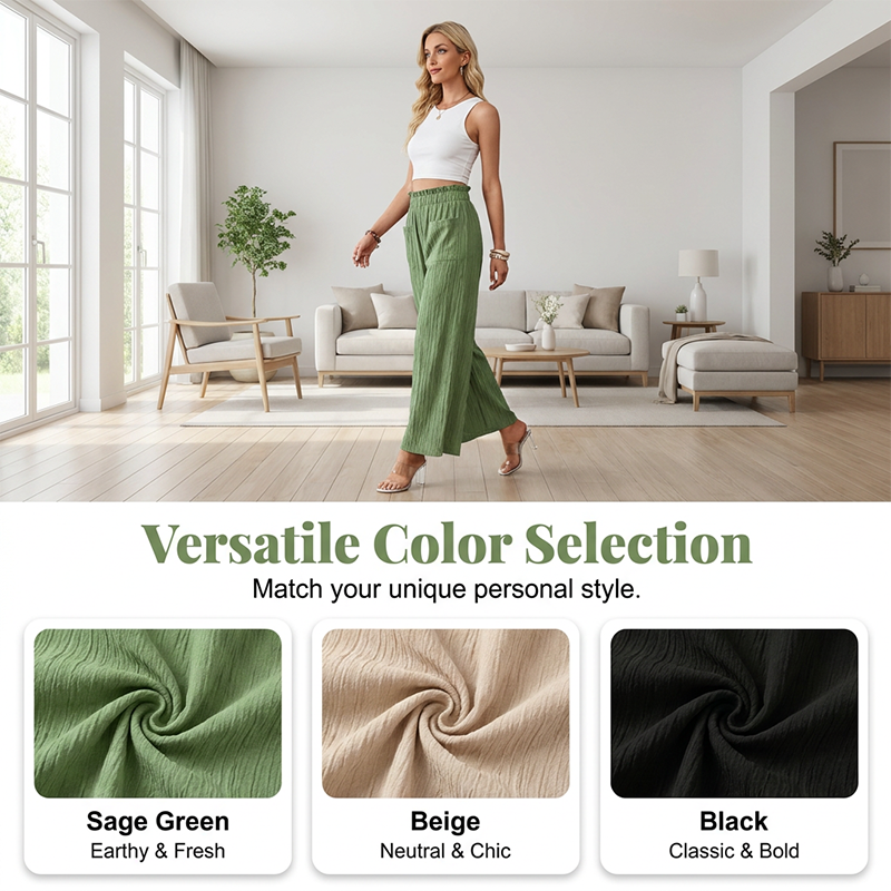 👖 ¡50% DE DESCUENTO AHORA!🌿 Pantalones casuales unisólidos para mujer, corte holgado – tiro alto, pierna ancha y textura arrugada – Pantalones cómodos para descanso ✨