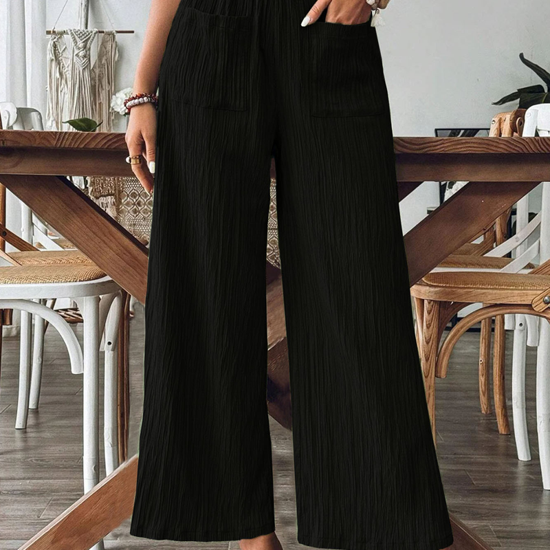 👖 ¡50% DE DESCUENTO AHORA!🌿 Pantalones casuales unisólidos para mujer, corte holgado – tiro alto, pierna ancha y textura arrugada – Pantalones cómodos para descanso ✨