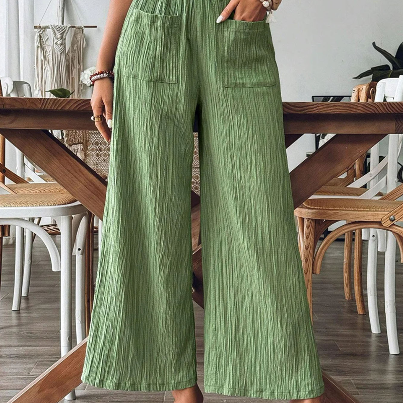 👖 ¡50% DE DESCUENTO AHORA!🌿 Pantalones casuales unisólidos para mujer, corte holgado – tiro alto, pierna ancha y textura arrugada – Pantalones cómodos para descanso ✨