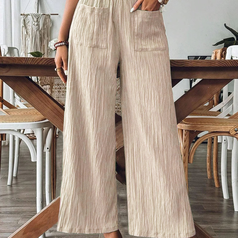 👖 ¡50% DE DESCUENTO AHORA!🌿 Pantalones casuales unisólidos para mujer, corte holgado – tiro alto, pierna ancha y textura arrugada – Pantalones cómodos para descanso ✨