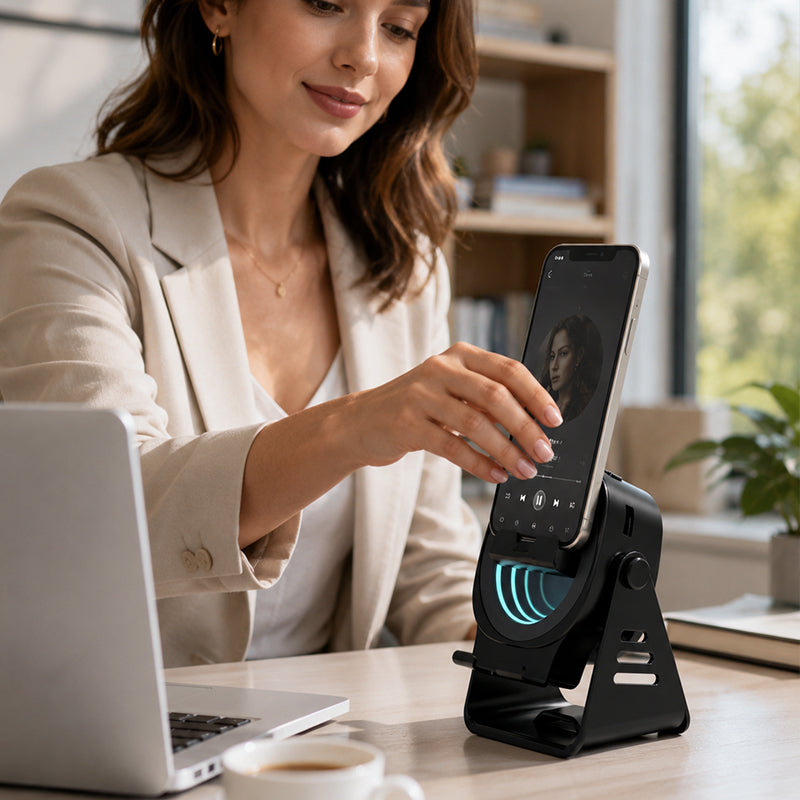 🔊 Soporte 2 en 1 con Altavoz de Audio por Inducción, Sonido 360° Compatible con Todos los Teléfonos y Tabletas