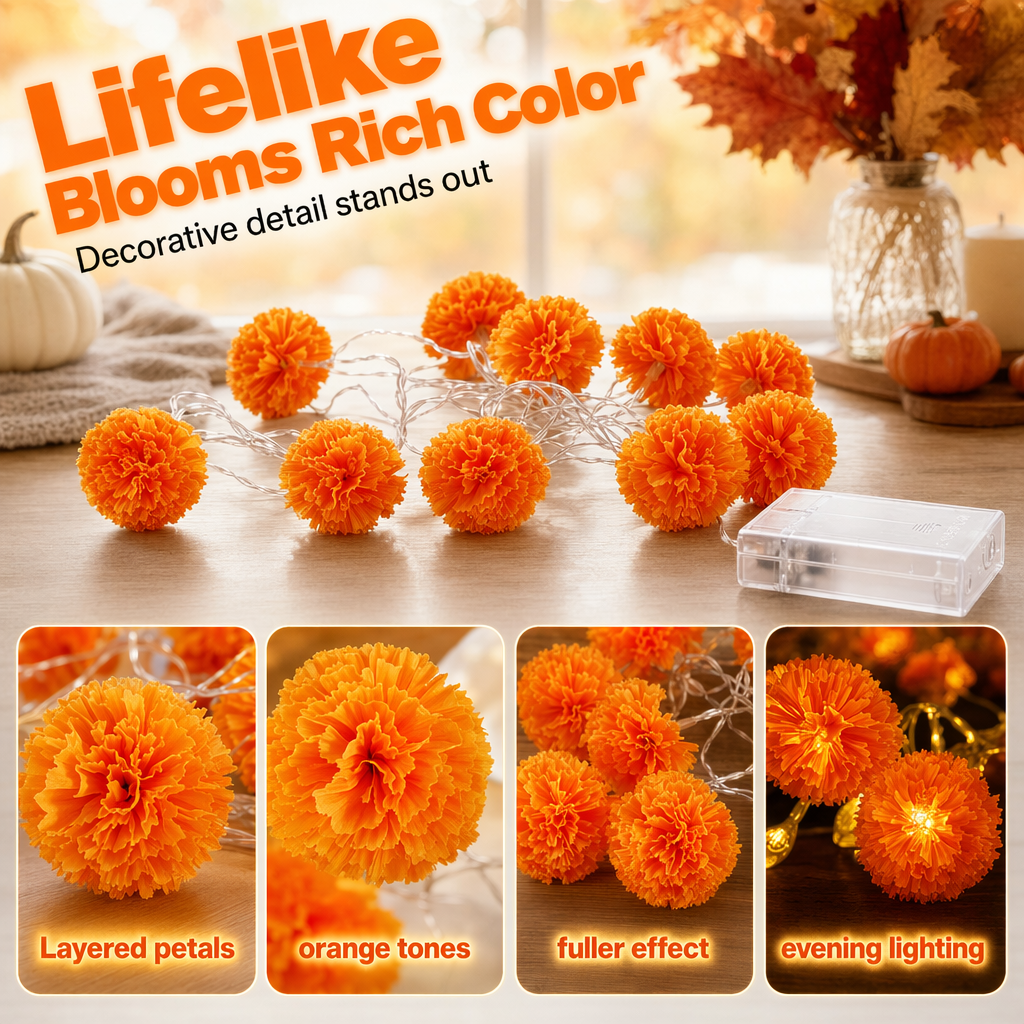 🌼 Guirnalda Luminosa de Caléndula – Brillo Naranja Tradicional para un Día de los Muertos lleno de Memoria y Color ✨🕯️