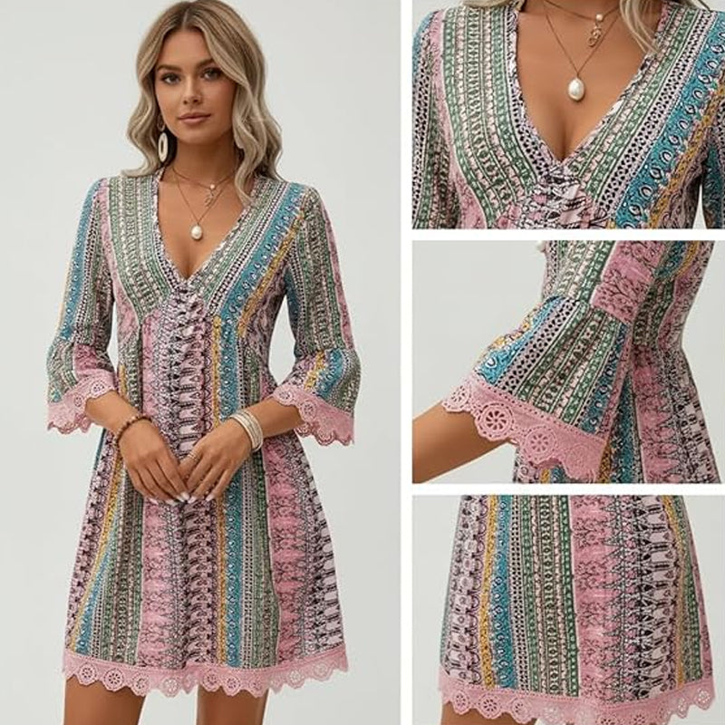👗 Vestido mini estampado bohemio con escote en V para mujer 💃