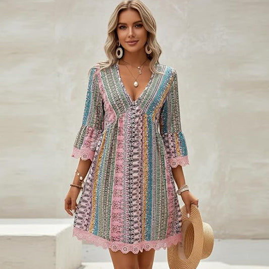 👗 Vestido mini estampado bohemio con escote en V para mujer 💃