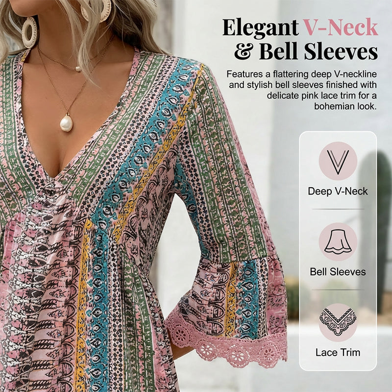 👗 Vestido mini estampado bohemio con escote en V para mujer 💃