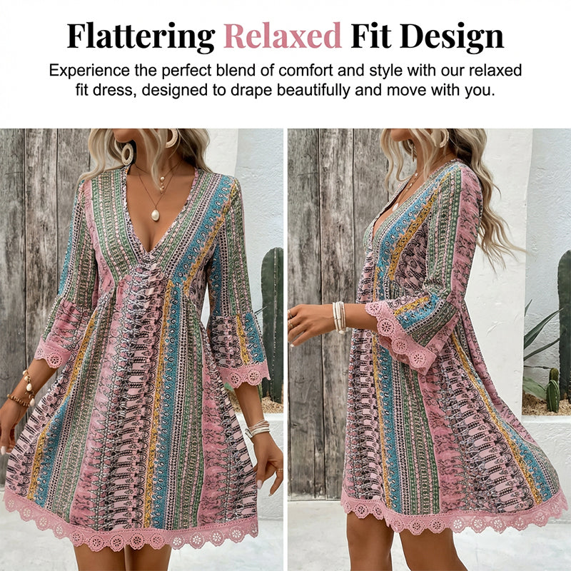 👗 Vestido mini estampado bohemio con escote en V para mujer 💃