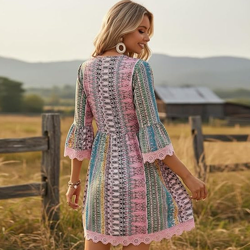 👗 Vestido mini estampado bohemio con escote en V para mujer 💃