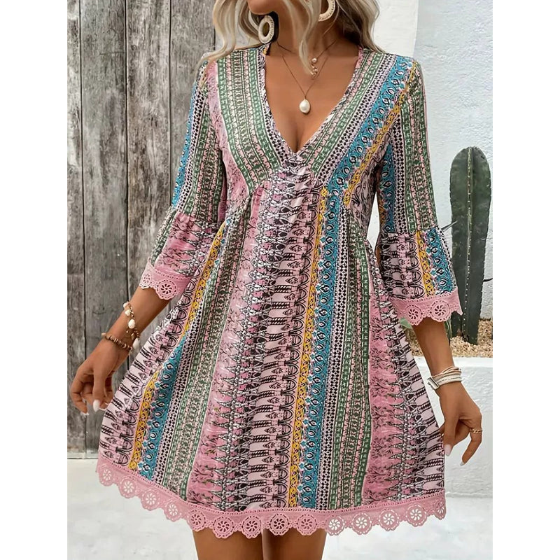 👗 Vestido mini estampado bohemio con escote en V para mujer 💃