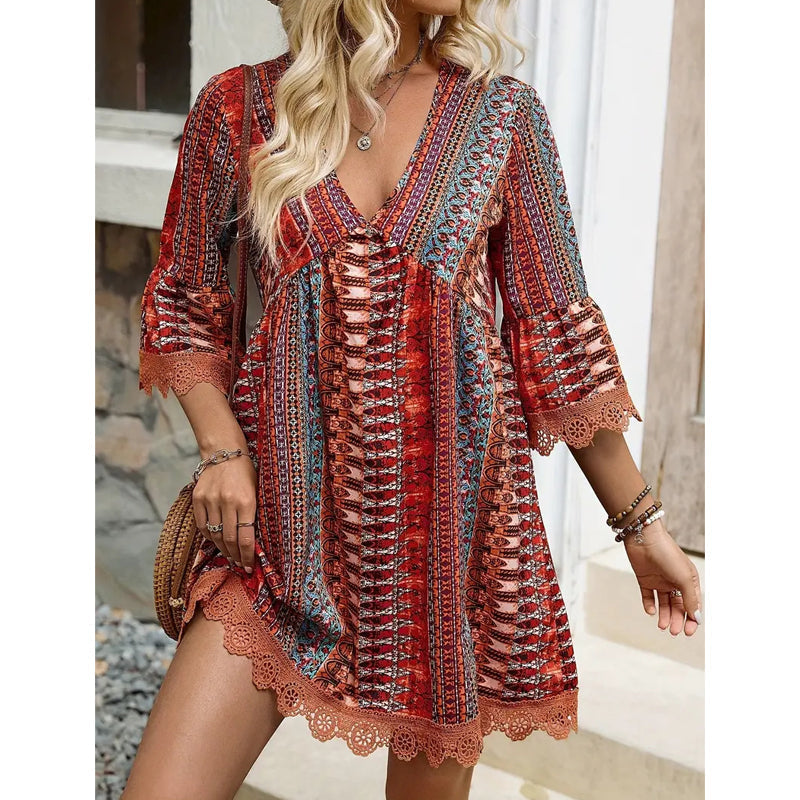 👗 Vestido mini estampado bohemio con escote en V para mujer 💃