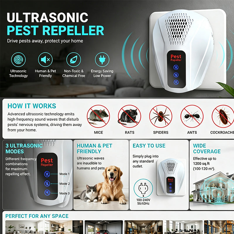 🔇 Repelente Ultrasónico de Roedores 360° Silencioso | Doble Frecuencia Antiadaptación, Plástico ABS Ignífugo, Seguro para Mascotas y Bebés