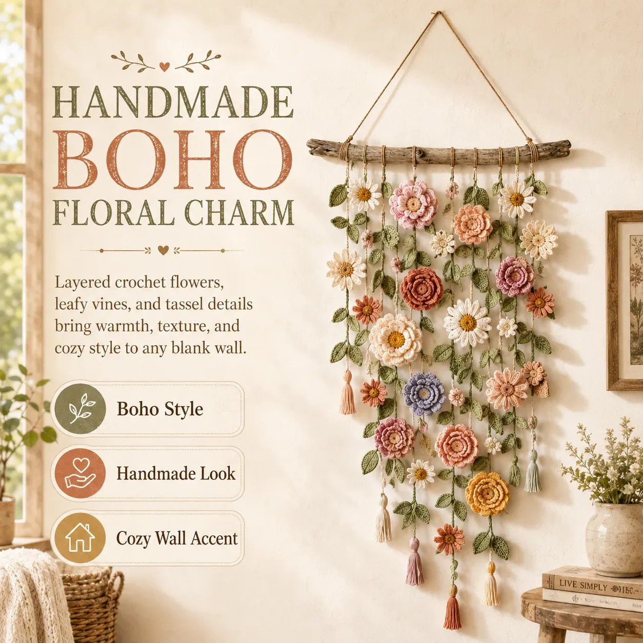 🌸¡ÚLTIMO DÍA DE PRECIO ESPECIAL!!🌸Decoración colgante de pared con flores de ganchillo