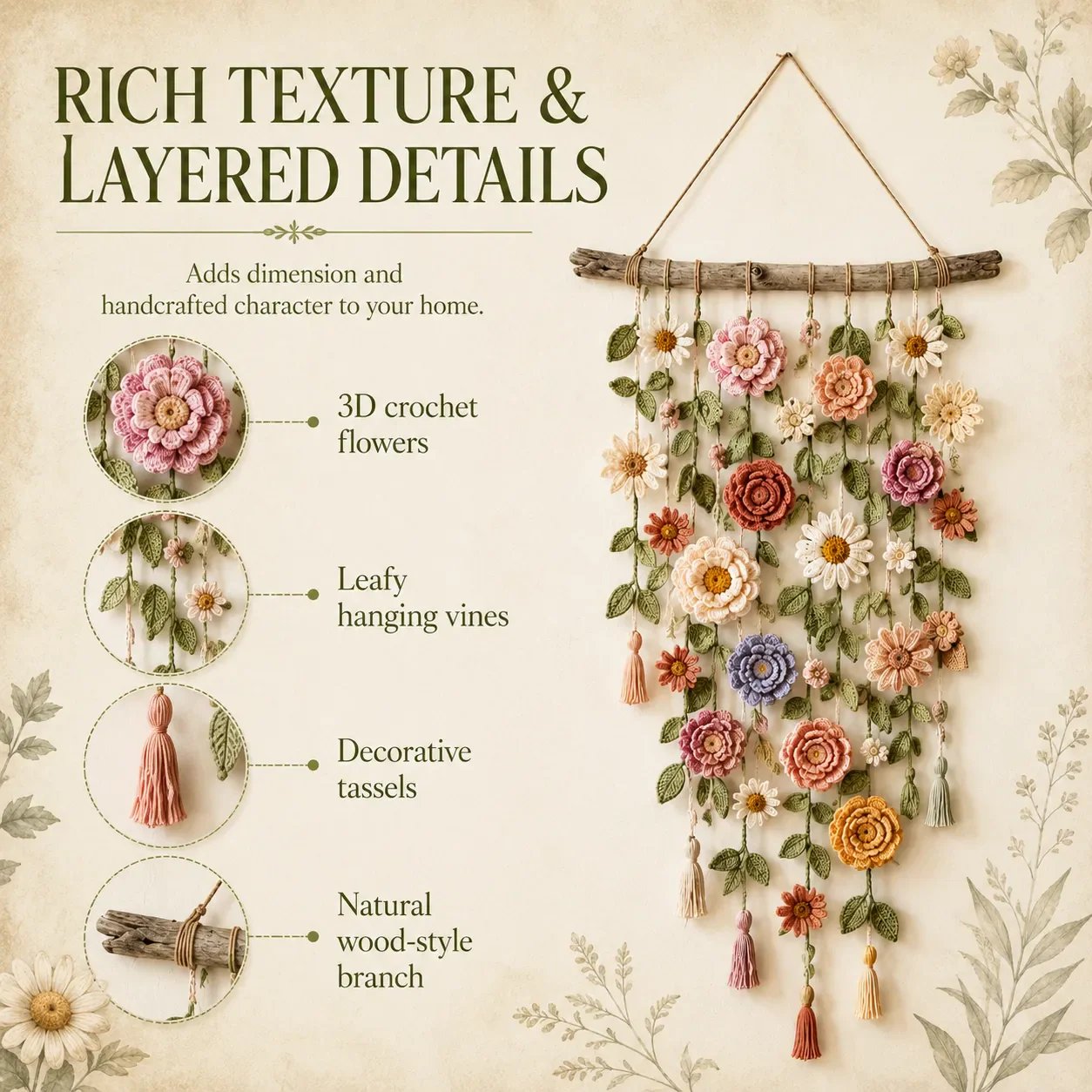 🌸¡ÚLTIMO DÍA DE PRECIO ESPECIAL!!🌸Decoración colgante de pared con flores de ganchillo