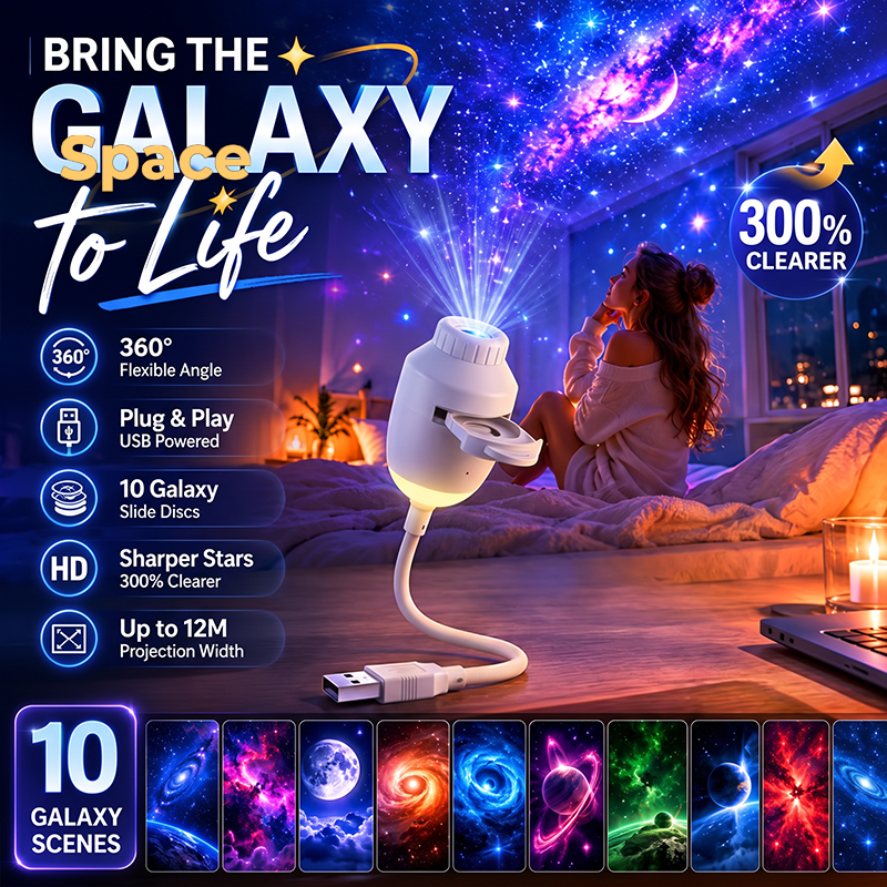 🌌 Proyector Galáctico USB Luz Nocturna | 3 Modulos Intercambiables, 3 Niveles de Brillo, Control Botón/Voz, Ambiente Espacial Inmersivo