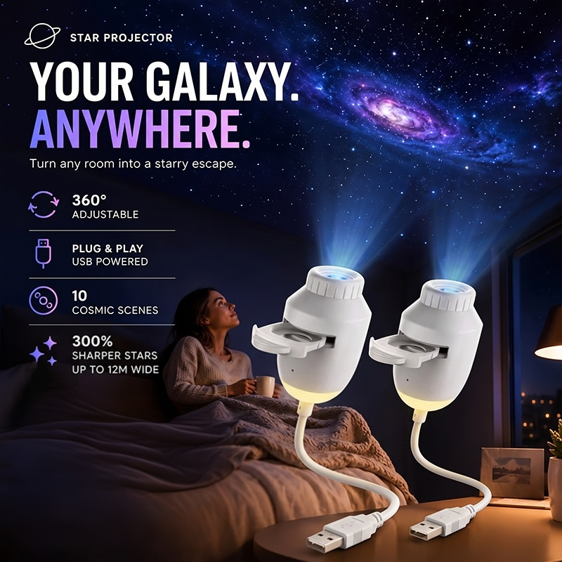 🌌 Proyector Galáctico USB Luz Nocturna | 3 Modulos Intercambiables, 3 Niveles de Brillo, Control Botón/Voz, Ambiente Espacial Inmersivo