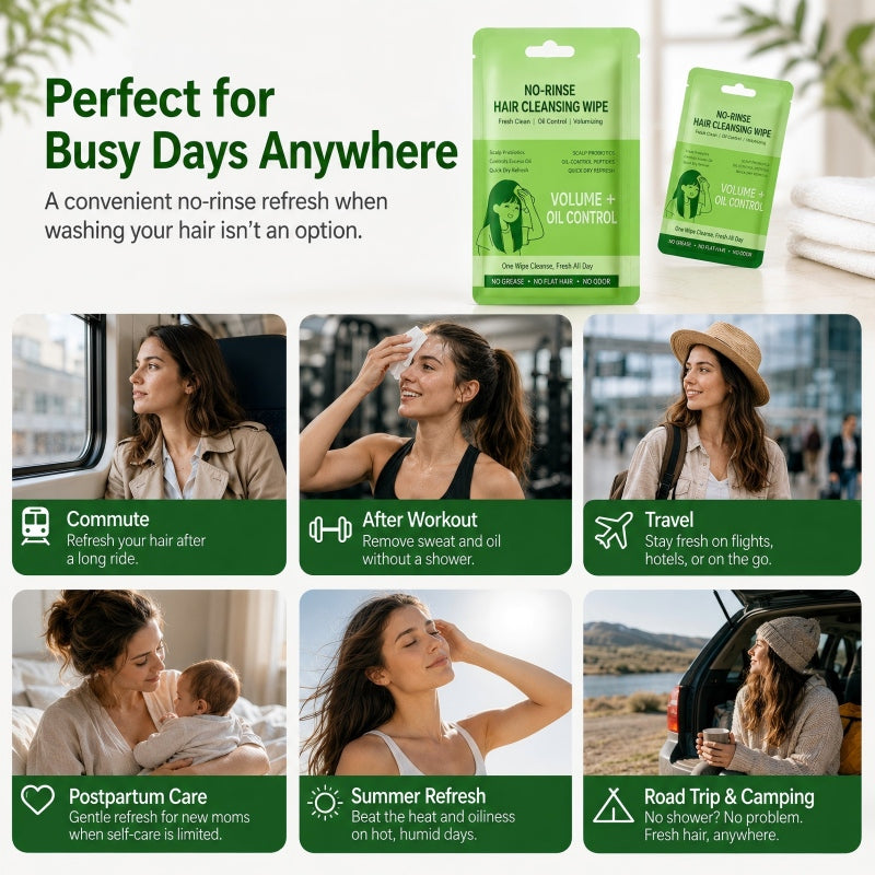 Toallitas limpiadoras para cabello portátiles sin agua