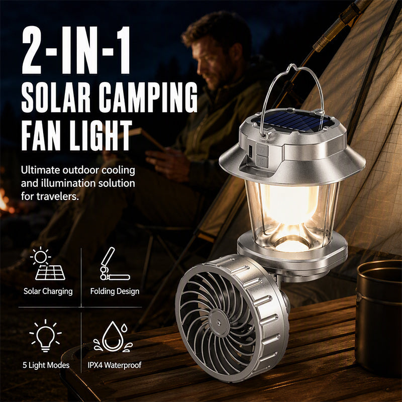 🥳ÉXITO DE VENTA 2026🥳 Linterna ventilador solar plegable – 2 en 1, carga solar, resistente a golpes, resistente a la intemperie, brillo y velocidad regulables! 🌞💨