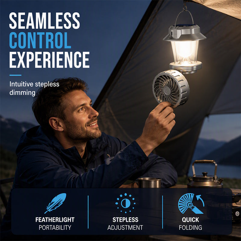 🥳ÉXITO DE VENTA 2026🥳 Linterna ventilador solar plegable – 2 en 1, carga solar, resistente a golpes, resistente a la intemperie, brillo y velocidad regulables! 🌞💨