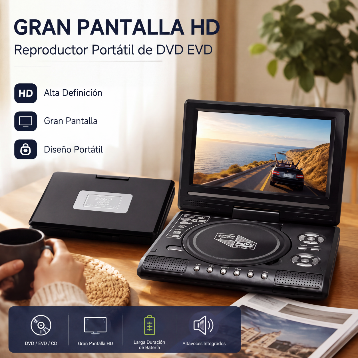 📺 Reproductor de DVD/EVD portátil HD de 7.8 pulgadas: pantalla grande, batería recargable, compatible con DVD/CD/USB/SD, ideal para uso doméstico y viajes 🔥 50% de descuento